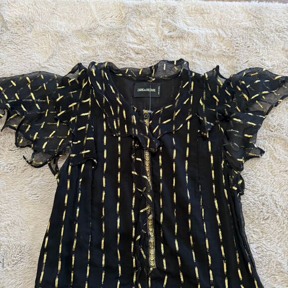 Zadig & Voltaire Black/Gold Crepe Rool Shiny Ruffled Dress Sz S Designer Luxury - Picture 3 of 13